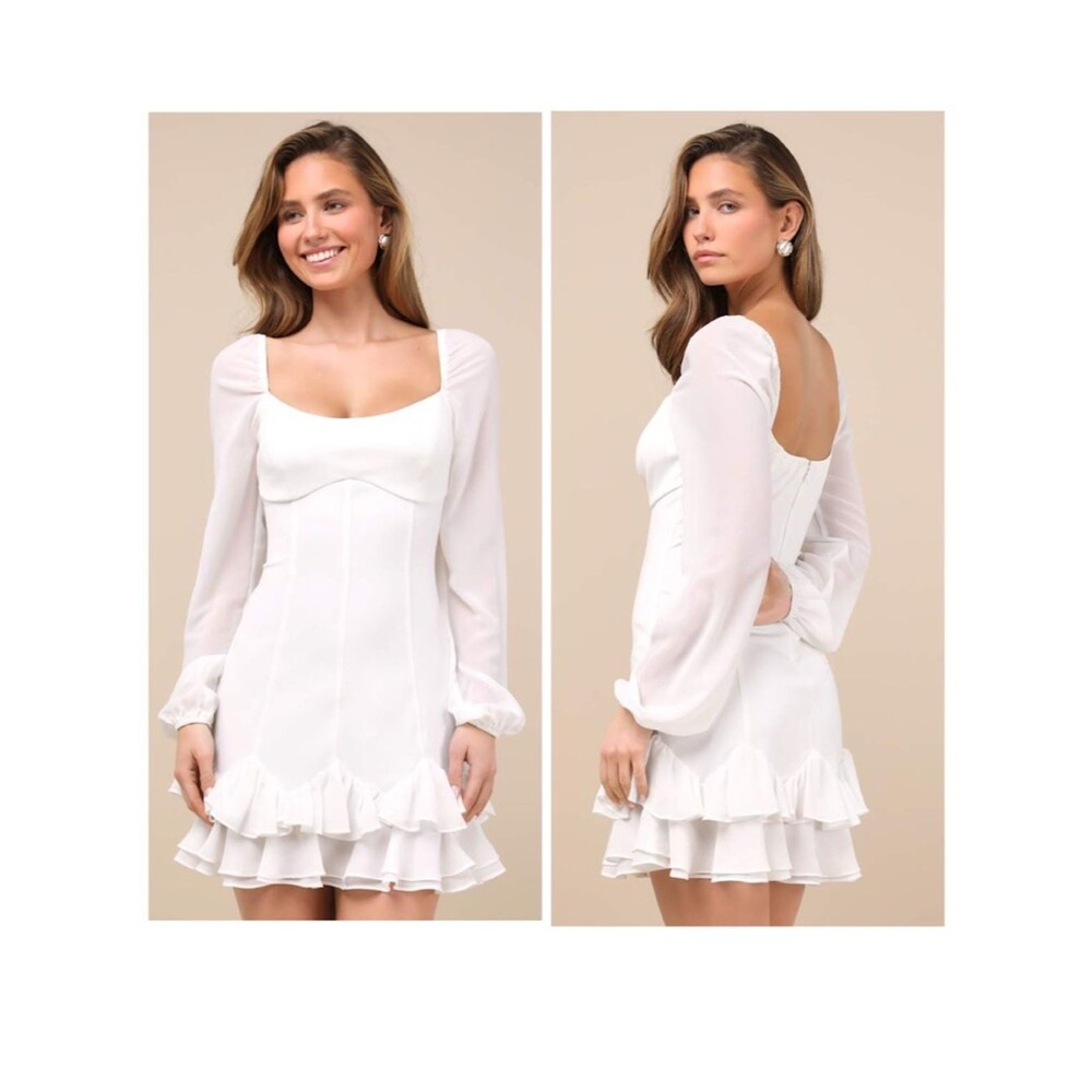 Lulus Gorgeous Expertise White Ruffled Long Sleeve Mini Dress Size Large Bridal